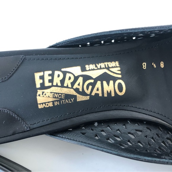 SALVATORE FERRAGAMO Emile LC Nero Laser Cut Leather Flats Mules Sz 8 1/2 B NWB - Picture 12 of 14